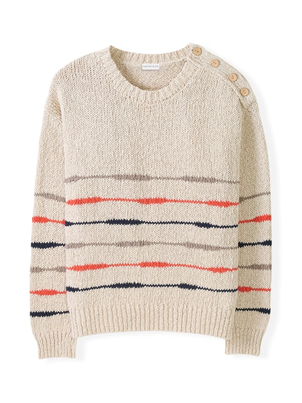 A new-season sweater to revive your layered looks, this Celtic & Co. take on the classic Breton jumper will fast become your favourite.Crafted in slub yarns with a chunky, uneven structure created through random drop stitches, it's trimmed with functioning buttons at the left shoulder for a little extra detail.