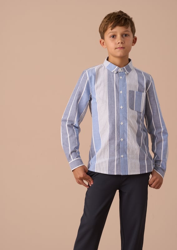 Earn your stripes! Our new stripe shirt is crafted from classic Oxford cotton to give a smart profile. Regular cut with a button-down collar and cool   and white unique stripe placement makes for perfect summer styling. Pair with our textured chino for a sharp. stylish outfit.