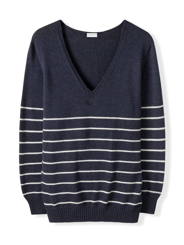 Our Merino V Neck Jumper has been seamlessly knitted in Britain with full-length sleeves and a ribbed hem and cuffs. The clean, luxury handle of the merino wool offers warmth to a traditional v-neck style in a contemporary breton stripe design. Whether you're layering up for the evening or keeping it casual, this jumper is a versatile choice for any occasion.