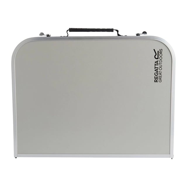 Regatta Matano Camping Table (Silver) 80% Aluminium, 20% Wood. Design: Logo. Detachable Legs, Foldable.