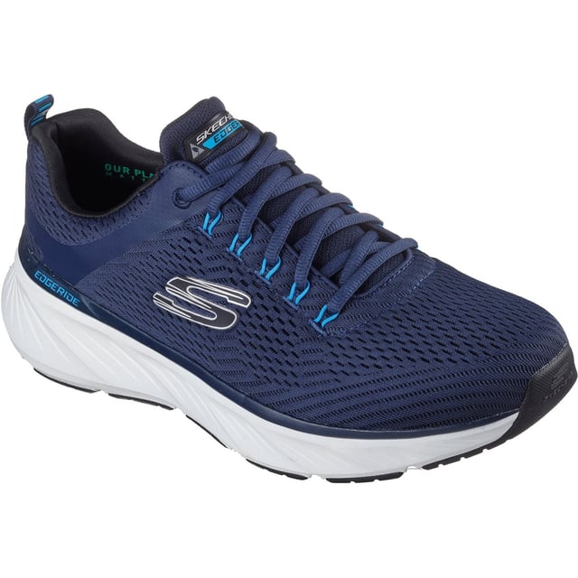 Enjoy well-cushioned performance while minding your footprint wearing Skechers Relaxed Fit Edgeride Contention. This vegan athletic style features a mesh upper with stretch laces, a well-cushioned midsole and a Skechers Air-Cooled Memory Foam insole