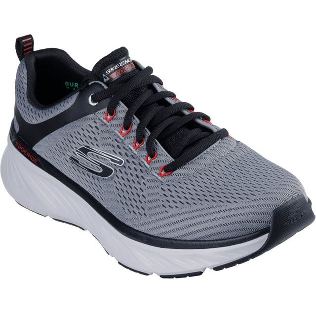 Enjoy well-cushioned performance while minding your footprint wearing Skechers Relaxed Fit Edgeride Contention. This vegan athletic style features a mesh upper with stretch laces, a well-cushioned midsole and a Skechers Air-Cooled Memory Foam insole