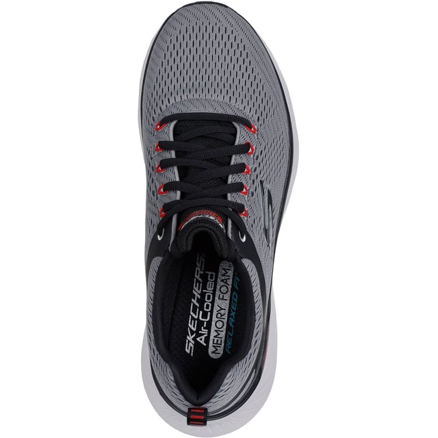 Enjoy well-cushioned performance while minding your footprint wearing Skechers Relaxed Fit Edgeride Contention. This vegan athletic style features a mesh upper with stretch laces, a well-cushioned midsole and a Skechers Air-Cooled Memory Foam insole