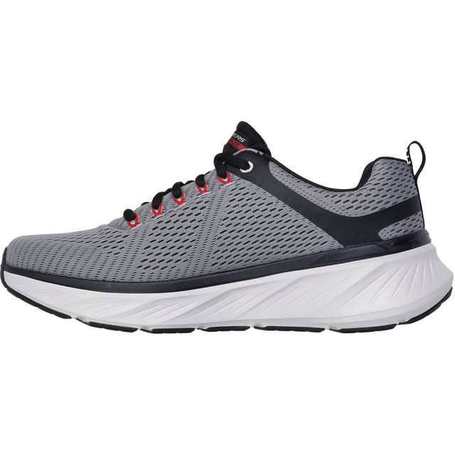Enjoy well-cushioned performance while minding your footprint wearing Skechers Relaxed Fit Edgeride Contention. This vegan athletic style features a mesh upper with stretch laces, a well-cushioned midsole and a Skechers Air-Cooled Memory Foam insole