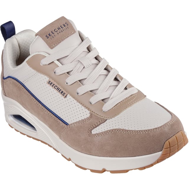 Skechers Uno Stacre 2.0 Leather Men's Sand Trainers Sporty refined style meets comfort in the Skechers Street Uno - Stacre 2.0. This lace-up sneaker features a suede and duraleather upper with a Skechers Air-Cooled Memory Foam insole and Skech-Air visible airbag midsole.