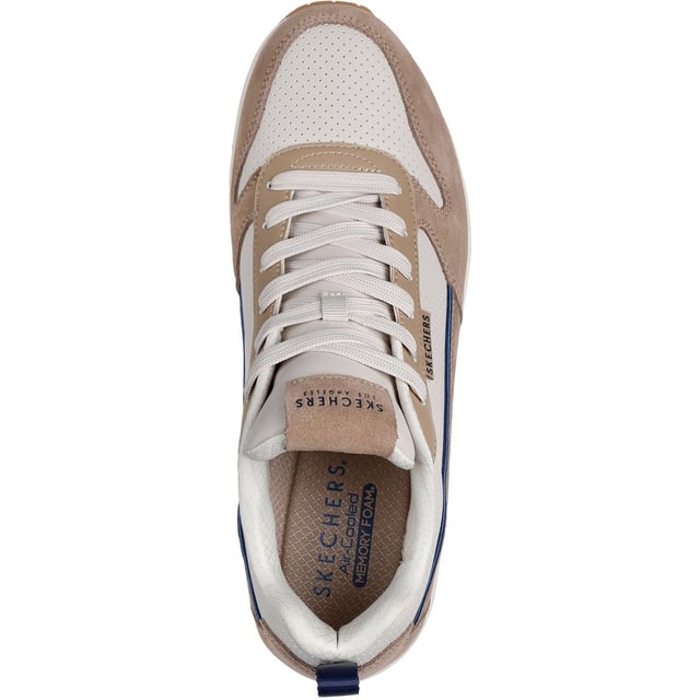Skechers Uno Stacre 2.0 Leather Men's Sand Trainers Sporty refined style meets comfort in the Skechers Street Uno - Stacre 2.0. This lace-up sneaker features a suede and duraleather upper with a Skechers Air-Cooled Memory Foam insole and Skech-Air visible airbag midsole.