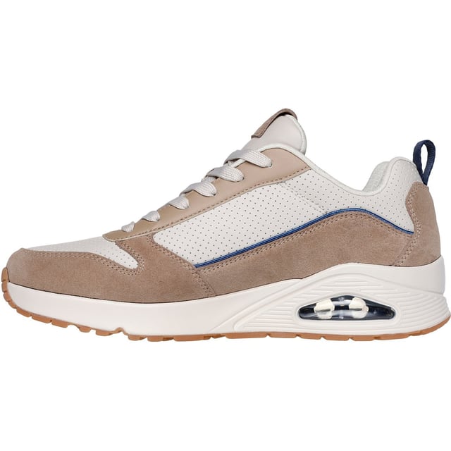 Skechers Uno Stacre 2.0 Leather Men's Sand Trainers Sporty refined style meets comfort in the Skechers Street Uno - Stacre 2.0. This lace-up sneaker features a suede and duraleather upper with a Skechers Air-Cooled Memory Foam insole and Skech-Air visible airbag midsole.
