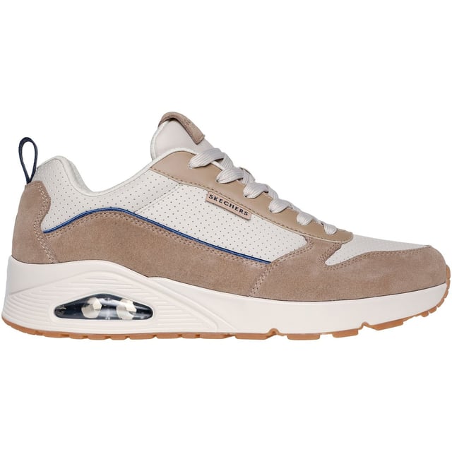 Skechers Uno Stacre 2.0 Leather Men's Sand Trainers Sporty refined style meets comfort in the Skechers Street Uno - Stacre 2.0. This lace-up sneaker features a suede and duraleather upper with a Skechers Air-Cooled Memory Foam insole and Skech-Air visible airbag midsole.