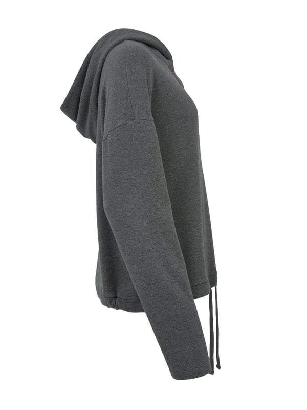 Pull up the cosy, double layered hood and snuggle down in comfort. Part of our lounge collection, this hooded jumper with long, warm sleeves is easy to style when both lounging at home or heading out. Designed to coordinate with the rest of the lounge collection range, details include a short button through placket on the front and drawstring hem detail with a tonal drawcord.