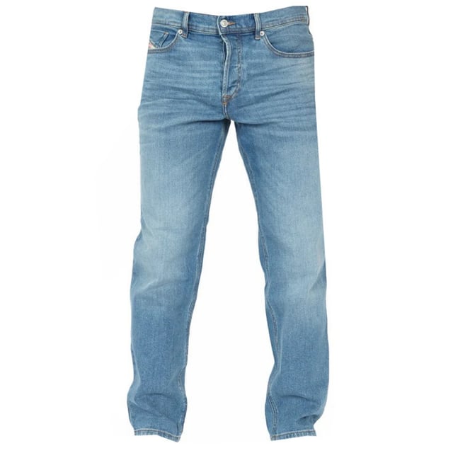 Vaqueros de corte estándar en azul claro de Diesel, bragueta de botones, 99 % algodón, 1 % elastano, pernera recta, insignia de la marca Diesel