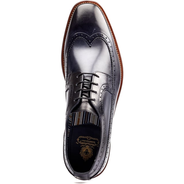 Base London Havisham Leather Men's Navy Derby Shoes Crafted from smooth leather uppers, the Havisham formal men's shoe features beautiful brogue detailing and a wing tip that runs all the way to the heel where a Base brand can be found embossed into the leather.