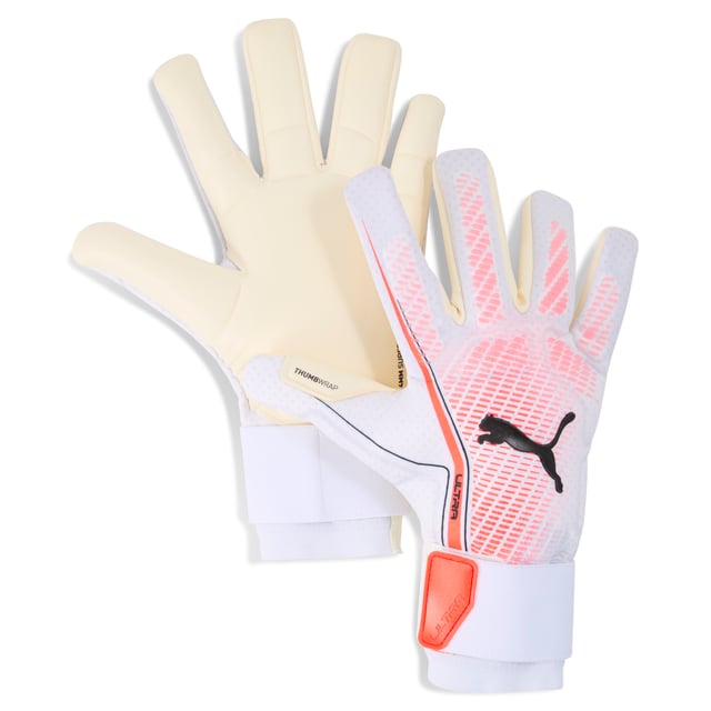 PUMA Unisex ULTRA ULTIMATE Hybrid Goalkeeper Gloves PRODUCT STORY: The ULTRA ULTIMATE Hybrid goalkeeper gloves are designed to meet the needs of the modern goalkeeper. They're constructed from a lightweight, elasticated material guaranteeing highest wearing comfort, an enhanced range of motion and zero distractions. DETAILS: 4mm superior grip latex palm: excellent grip in both wet and dry conditions; Hybrid cut: mix of inseam and gunn cut for maximum catching area and comfort; Silicone grip elements on finger & knuckles: additional grip, ball control and support while punching; Lightweight, elasticated material with perforations: comfort and enhanced range of motion; Thumb wrap: Extended latex palm for maximum catching area and comfort; Elasticated wrist with full length latex strap: for wrist support and a secure closure.
