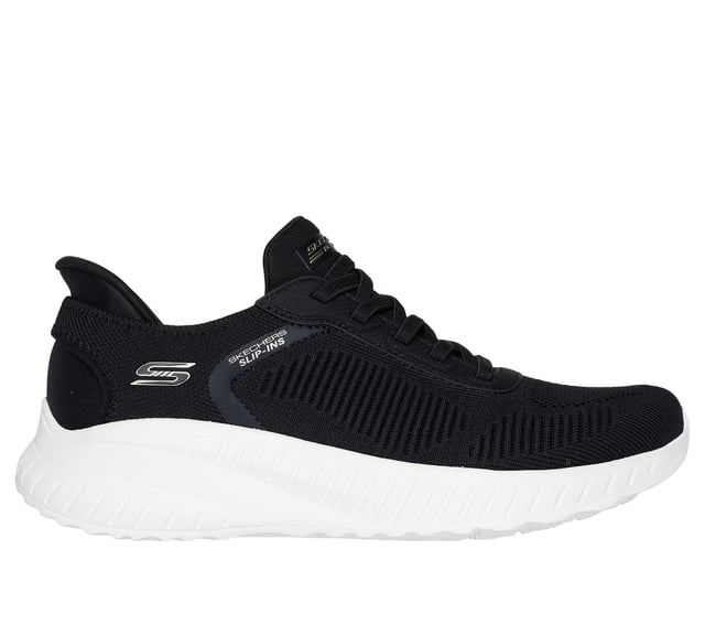 Skechers Hands Free Slip-ins®. This eco-friendly, vegan athletic sneaker is crafted with recycled materials and features a breathable stretch knit upper with fixed stretch laces for easy slip-on wear. Designed for all-day support, it includes a well-cushioned midsole and a Skechers Air-Cooled Memory Foam® insole for superior comfort and airflow. Perfect for walking, travel, and everyday wear.
