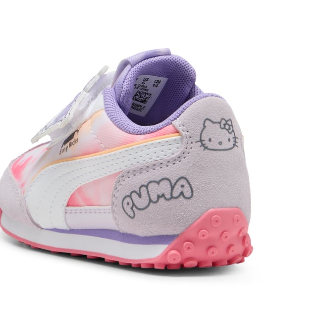 PRODUCT STORY: Say hello to the new PUMA x HELLO KITTY AND FRIENDS collection. Created for kids and adults, this collab combines classic streetwear vibes with Hello Kitty is cute, playful aesthetic. Taking inspiration from the bubblegum pop aesthetic of the â€˜00s, this collection is got glitter, glossy prints, and more. This special version of our retro Easy Rider sneakers feature a sweet tie-dye upper, cute Hello Kitty details, and a KinderFit sockliner to help find the perfect fit. DETAILS: Regular width; Textile upper with tie-dye effect; Hook-and-loop closure for fast on-and-off; KinderFit sockliner print to help with correct fit; 3D printed HELLO KITTY AND FRIENDS face on the heel; Miss Kuromi badge; PUMA x HELLO KITTY AND FRIENDS co-branding details; PUMA Toddlers: Recommended for toddlers between 0 and 4 years; Delivered in exclusive special packaging.