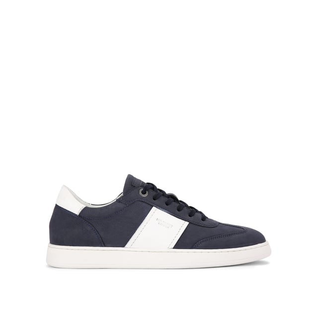 KG Kurt Geiger Spark Sneakers This KG Kurt Geiger pair of Spark sneakers arrive in a navy Nubuck leather with two white stripes either side. The front laces up and there is embossed branding on the heel.