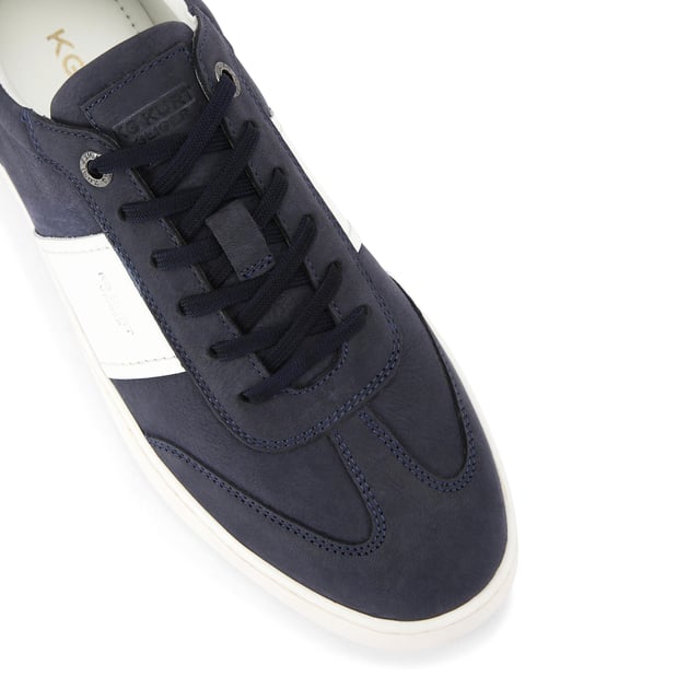 KG Kurt Geiger Spark Sneakers This KG Kurt Geiger pair of Spark sneakers arrive in a navy Nubuck leather with two white stripes either side. The front laces up and there is embossed branding on the heel.