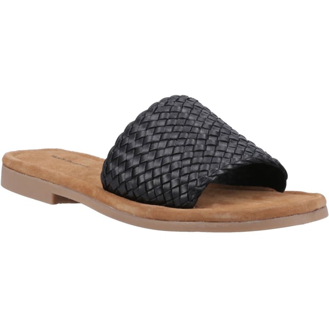 Hush Puppies Hetty Slide Leather Women's Black Sandals Effortless summer style couldn't be easier thanks to the Hetty Slide, with its soft woven leather upper, easy wear mule styling, and a memory foam insole and flexible lightweight outsole this is the perfect choice for warm days and evenings