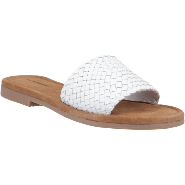 Hush Puppies Hetty Slide Leather Women's White Sandals Effortless summer style couldn't be easier thanks to the Hetty Slide, with its soft woven leather upper, easy wear mule styling, and a memory foam insole and flexible lightweight outsole this is the perfect choice for warm days and evenings