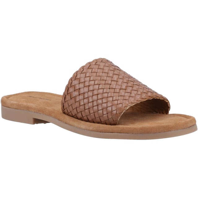 Hush Puppies Hetty Slide Leather Women's Tan Sandals Effortless summer style couldn't be easier thanks to the Hetty Slide, with its soft woven leather upper, easy wear mule styling, and a memory foam insole and flexible lightweight outsole this is the perfect choice for warm days and evenings