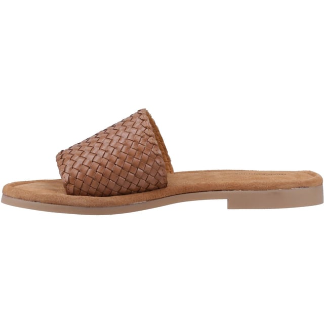 Hush Puppies Hetty Slide Leather Women's Tan Sandals Effortless summer style couldn't be easier thanks to the Hetty Slide, with its soft woven leather upper, easy wear mule styling, and a memory foam insole and flexible lightweight outsole this is the perfect choice for warm days and evenings