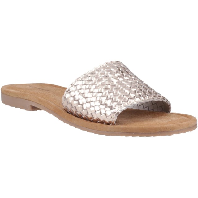 Hush Puppies Hetty Slide Leather Women's Bronze Sandals Effortless summer style couldn't be easier thanks to the Hetty Slide, with its soft woven leather upper, easy wear mule styling, and a memory foam insole and flexible lightweight outsole this is the perfect choice for warm days and evenings