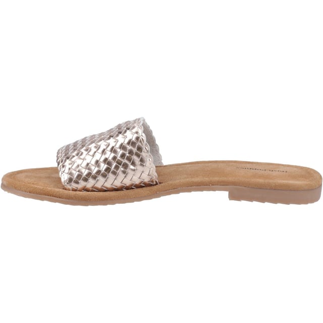 Hush Puppies Hetty Slide Leather Women's Bronze Sandals Effortless summer style couldn't be easier thanks to the Hetty Slide, with its soft woven leather upper, easy wear mule styling, and a memory foam insole and flexible lightweight outsole this is the perfect choice for warm days and evenings