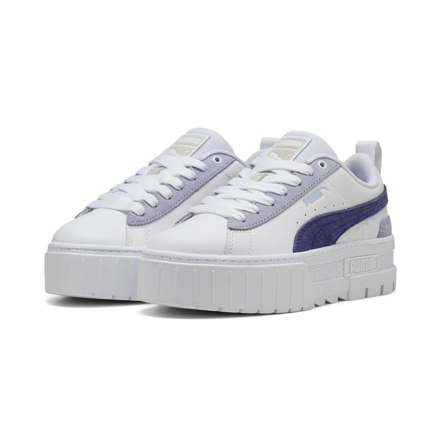 PRODUCT STORY: For the hype girls, the street enthusiasts, the trend setters Â­Â­â€“ the Mayze. This stand-out model has a stacked sole for a look that makes a statement, however you choose to style it. We take the timeless route with this pair. A classic base colour and a contrast across the PUMA Formstrip and heel. What's not to love? DETAILS: Leather upper; Suede overlays; Rubber outsole; PUMA Formstrip on the medial and lateral side; PUMA Cat Logo on the heel.