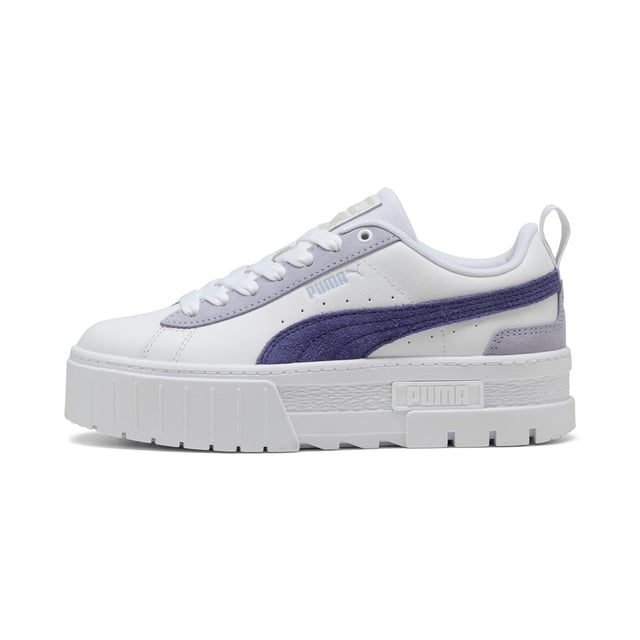 PRODUCT STORY: For the hype girls, the street enthusiasts, the trend setters Â­Â­â€“ the Mayze. This stand-out model has a stacked sole for a look that makes a statement, however you choose to style it. We take the timeless route with this pair. A classic base colour and a contrast across the PUMA Formstrip and heel. What's not to love? DETAILS: Leather upper; Suede overlays; Rubber outsole; PUMA Formstrip on the medial and lateral side; PUMA Cat Logo on the heel.