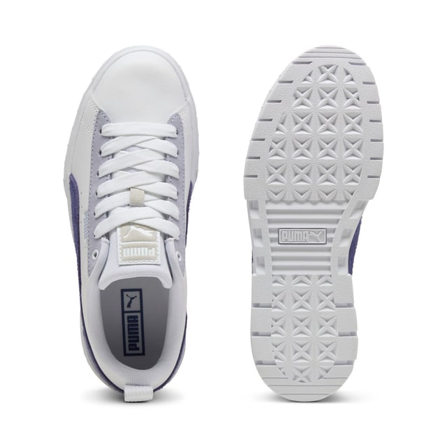PRODUCT STORY: For the hype girls, the street enthusiasts, the trend setters Â­Â­â€“ the Mayze. This stand-out model has a stacked sole for a look that makes a statement, however you choose to style it. We take the timeless route with this pair. A classic base colour and a contrast across the PUMA Formstrip and heel. What's not to love? DETAILS: Leather upper; Suede overlays; Rubber outsole; PUMA Formstrip on the medial and lateral side; PUMA Cat Logo on the heel.