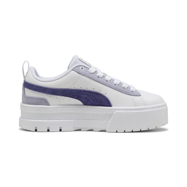 PRODUCT STORY: For the hype girls, the street enthusiasts, the trend setters Â­Â­â€“ the Mayze. This stand-out model has a stacked sole for a look that makes a statement, however you choose to style it. We take the timeless route with this pair. A classic base colour and a contrast across the PUMA Formstrip and heel. What's not to love? DETAILS: Leather upper; Suede overlays; Rubber outsole; PUMA Formstrip on the medial and lateral side; PUMA Cat Logo on the heel.