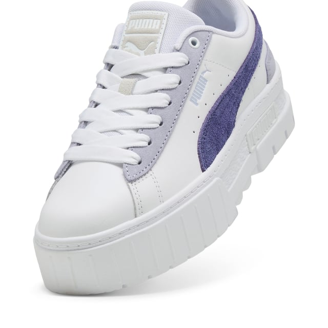 PRODUCT STORY: For the hype girls, the street enthusiasts, the trend setters Â­Â­â€“ the Mayze. This stand-out model has a stacked sole for a look that makes a statement, however you choose to style it. We take the timeless route with this pair. A classic base colour and a contrast across the PUMA Formstrip and heel. What's not to love? DETAILS: Leather upper; Suede overlays; Rubber outsole; PUMA Formstrip on the medial and lateral side; PUMA Cat Logo on the heel.