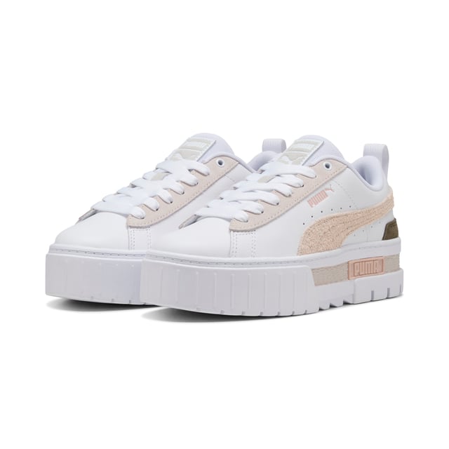PRODUCT STORY: For the hype girls, the street enthusiasts, the trend setters Â­Â­â€“ the Mayze. This stand-out model has a stacked sole for a look that makes a statement, however you choose to style it. We take the timeless route with this pair. A classic base colour and a contrast across the PUMA Formstrip and heel. What's not to love? DETAILS: Leather upper; Suede overlays; Rubber outsole; PUMA Formstrip on the medial and lateral side; PUMA Cat Logo on the heel.