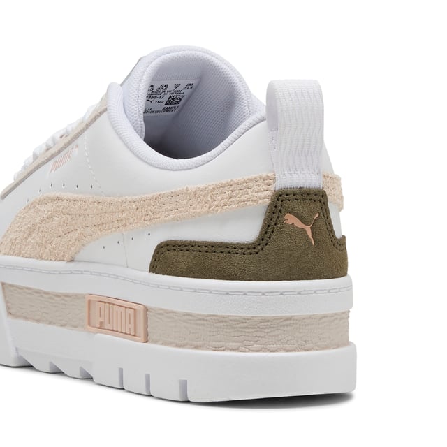 PRODUCT STORY: For the hype girls, the street enthusiasts, the trend setters Â­Â­â€“ the Mayze. This stand-out model has a stacked sole for a look that makes a statement, however you choose to style it. We take the timeless route with this pair. A classic base colour and a contrast across the PUMA Formstrip and heel. What's not to love? DETAILS: Leather upper; Suede overlays; Rubber outsole; PUMA Formstrip on the medial and lateral side; PUMA Cat Logo on the heel.