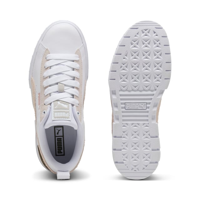 PRODUCT STORY: For the hype girls, the street enthusiasts, the trend setters Â­Â­â€“ the Mayze. This stand-out model has a stacked sole for a look that makes a statement, however you choose to style it. We take the timeless route with this pair. A classic base colour and a contrast across the PUMA Formstrip and heel. What's not to love? DETAILS: Leather upper; Suede overlays; Rubber outsole; PUMA Formstrip on the medial and lateral side; PUMA Cat Logo on the heel.