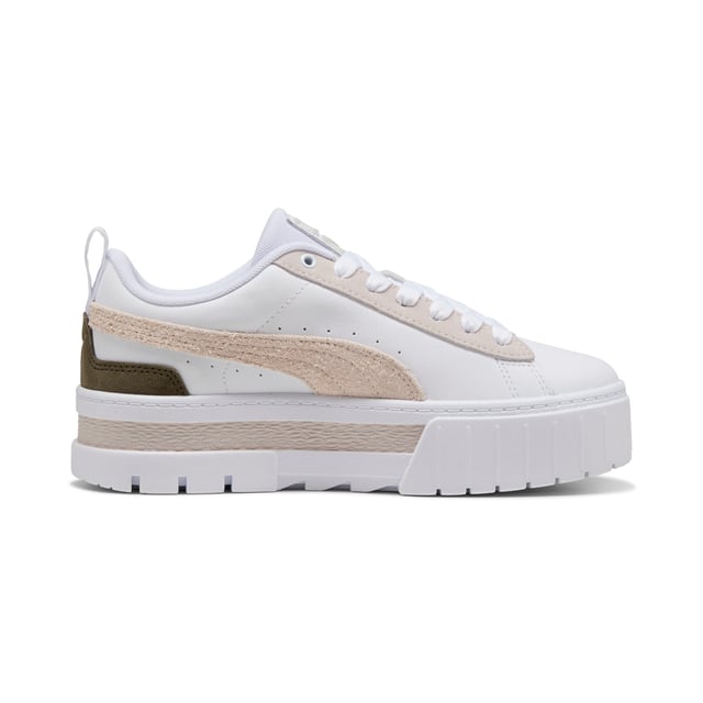 PRODUCT STORY: For the hype girls, the street enthusiasts, the trend setters Â­Â­â€“ the Mayze. This stand-out model has a stacked sole for a look that makes a statement, however you choose to style it. We take the timeless route with this pair. A classic base colour and a contrast across the PUMA Formstrip and heel. What's not to love? DETAILS: Leather upper; Suede overlays; Rubber outsole; PUMA Formstrip on the medial and lateral side; PUMA Cat Logo on the heel.