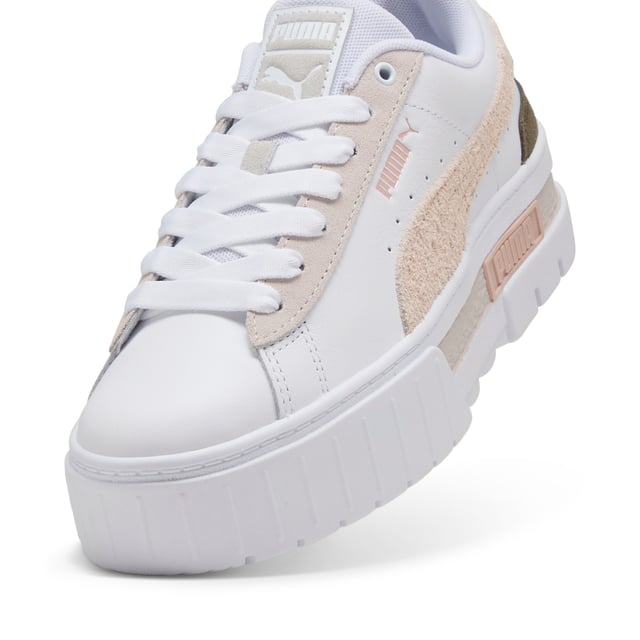 PRODUCT STORY: For the hype girls, the street enthusiasts, the trend setters Â­Â­â€“ the Mayze. This stand-out model has a stacked sole for a look that makes a statement, however you choose to style it. We take the timeless route with this pair. A classic base colour and a contrast across the PUMA Formstrip and heel. What's not to love? DETAILS: Leather upper; Suede overlays; Rubber outsole; PUMA Formstrip on the medial and lateral side; PUMA Cat Logo on the heel.