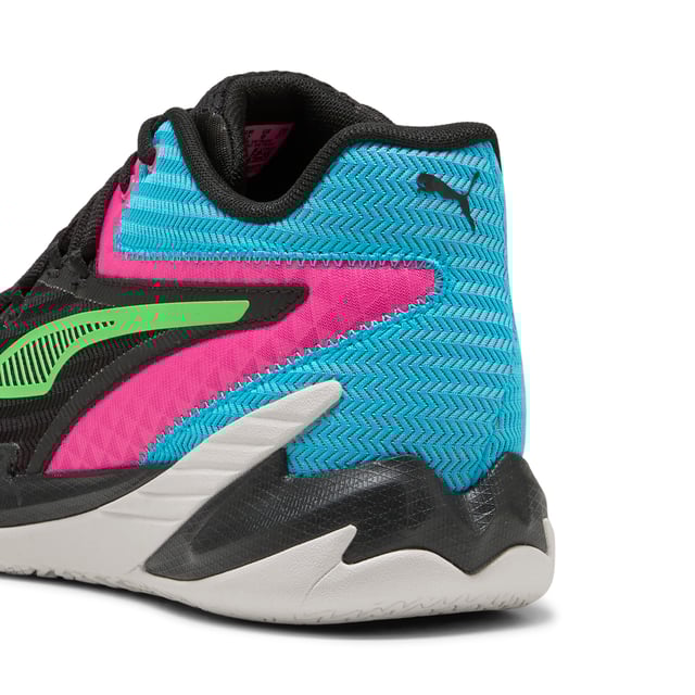 PRODUCT STORY: Stand out with fast, progressive design. Our latest innovation features a PROFOAM midsole for lightweight rebound, PUMA BITE outsole for traction, and dynamic lacing for a secure fit. Perfect for dominating outdoor courts with confidence and style. Get ready to win. FEATURES & BENEFITS: The upper of the shoes is made with at least 20% recycled materials; PUMA BITE: Durable outsole pattern that offers superior traction on the court; PROFOAM: Lightweight EVA designed to cushion your landing and propel your next step. DETAILS: Regular width; Dynamic lacing system with anchor points on the vamp and through the forefoot, for a more secure, sure-footed feel; External rubber wrap-up for lateral stability; PUMA Hoops Jaws branding; PUMA branding details.