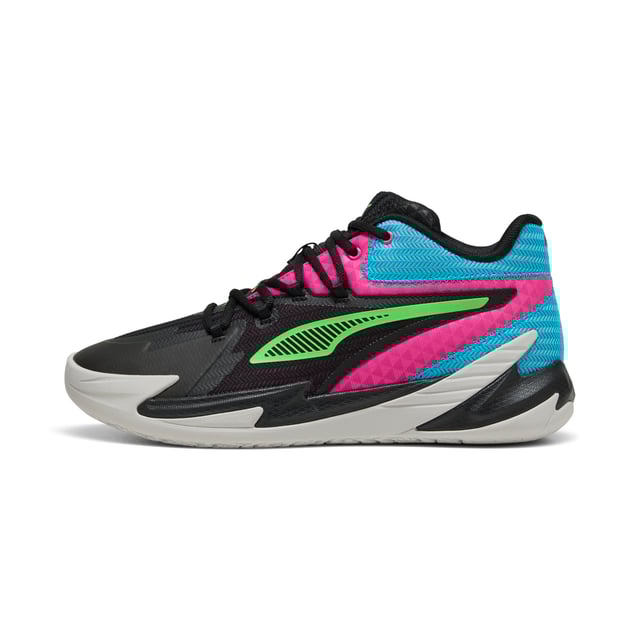 PRODUCT STORY: Stand out with fast, progressive design. Our latest innovation features a PROFOAM midsole for lightweight rebound, PUMA BITE outsole for traction, and dynamic lacing for a secure fit. Perfect for dominating outdoor courts with confidence and style. Get ready to win. FEATURES & BENEFITS: The upper of the shoes is made with at least 20% recycled materials; PUMA BITE: Durable outsole pattern that offers superior traction on the court; PROFOAM: Lightweight EVA designed to cushion your landing and propel your next step. DETAILS: Regular width; Dynamic lacing system with anchor points on the vamp and through the forefoot, for a more secure, sure-footed feel; External rubber wrap-up for lateral stability; PUMA Hoops Jaws branding; PUMA branding details.