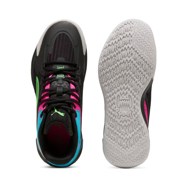 PRODUCT STORY: Stand out with fast, progressive design. Our latest innovation features a PROFOAM midsole for lightweight rebound, PUMA BITE outsole for traction, and dynamic lacing for a secure fit. Perfect for dominating outdoor courts with confidence and style. Get ready to win. FEATURES & BENEFITS: The upper of the shoes is made with at least 20% recycled materials; PUMA BITE: Durable outsole pattern that offers superior traction on the court; PROFOAM: Lightweight EVA designed to cushion your landing and propel your next step. DETAILS: Regular width; Dynamic lacing system with anchor points on the vamp and through the forefoot, for a more secure, sure-footed feel; External rubber wrap-up for lateral stability; PUMA Hoops Jaws branding; PUMA branding details.
