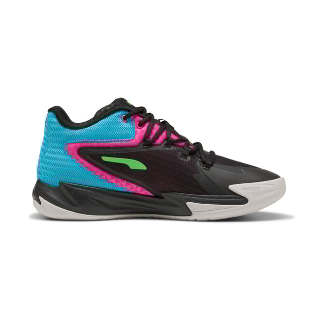 PRODUCT STORY: Stand out with fast, progressive design. Our latest innovation features a PROFOAM midsole for lightweight rebound, PUMA BITE outsole for traction, and dynamic lacing for a secure fit. Perfect for dominating outdoor courts with confidence and style. Get ready to win. FEATURES & BENEFITS: The upper of the shoes is made with at least 20% recycled materials; PUMA BITE: Durable outsole pattern that offers superior traction on the court; PROFOAM: Lightweight EVA designed to cushion your landing and propel your next step. DETAILS: Regular width; Dynamic lacing system with anchor points on the vamp and through the forefoot, for a more secure, sure-footed feel; External rubber wrap-up for lateral stability; PUMA Hoops Jaws branding; PUMA branding details.
