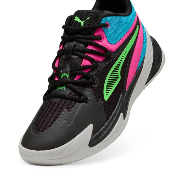 PRODUCT STORY: Stand out with fast, progressive design. Our latest innovation features a PROFOAM midsole for lightweight rebound, PUMA BITE outsole for traction, and dynamic lacing for a secure fit. Perfect for dominating outdoor courts with confidence and style. Get ready to win. FEATURES & BENEFITS: The upper of the shoes is made with at least 20% recycled materials; PUMA BITE: Durable outsole pattern that offers superior traction on the court; PROFOAM: Lightweight EVA designed to cushion your landing and propel your next step. DETAILS: Regular width; Dynamic lacing system with anchor points on the vamp and through the forefoot, for a more secure, sure-footed feel; External rubber wrap-up for lateral stability; PUMA Hoops Jaws branding; PUMA branding details.