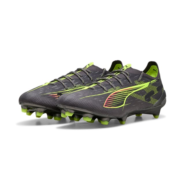 PRODUCT STORY: How fast is the ULTRA 5 ULTIMATE? Fasten your seatbelt, fasten your laces and unleash your speed. PUMA's latest innovation combines the SPEEDSYSTEM outsole and FastTrax studs for explosive acceleration. With GripControl Pro skin and PWRTAPE SQD support, dominate the field with unmatched agility and precision. Play at full throttle. FEATURES & BENEFITS: Made with at least 50% recycled materials; ACCELERATION: PUMA's SPEEDSYSTEM CARBON outsole combines springy carbon-fiber material for rapid propulsion with an innovative stud placement and orientation for faster acceleration.; TRACTION: PUMA's proprietary FastTrax studs are complemented with more rounded studs on lateral side for the most optimal traction on both firm ground and artificial grass.; STABILITY: PWRTAPE support frame stabilizes the foot inside of the boot to enable rapid changes of direction.. DETAILS: Lightweight removable sockliner with NanoGrip and Ortholite cushioning for exceptional fit and comfort; SPEEDSYSTEM outsole and FastTrax stud design deliver maximum acceleration and traction; PWRTAPE SQD support frame provides stability without compromising agility; Regular to narrow fit; FG: Suitable for use on firm natural surfaces.