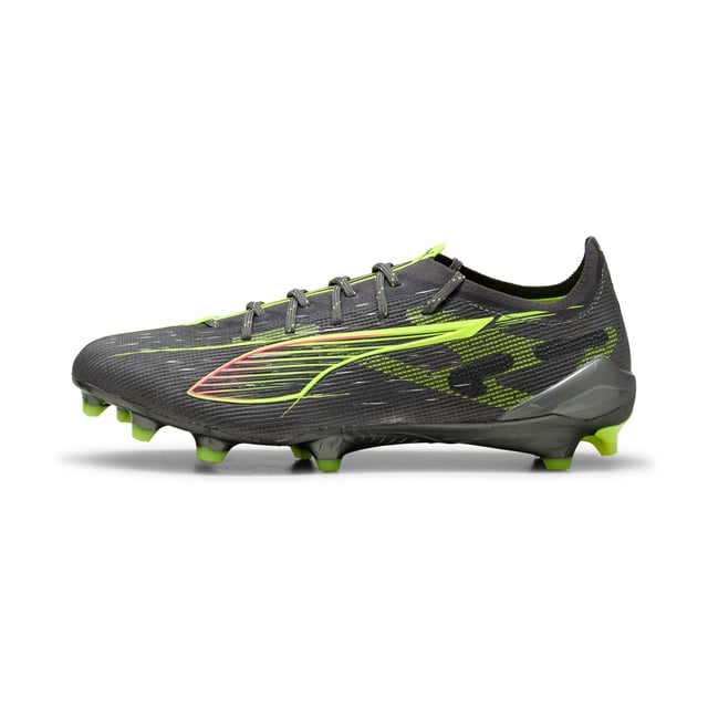 PRODUCT STORY: How fast is the ULTRA 5 ULTIMATE? Fasten your seatbelt, fasten your laces and unleash your speed. PUMA's latest innovation combines the SPEEDSYSTEM outsole and FastTrax studs for explosive acceleration. With GripControl Pro skin and PWRTAPE SQD support, dominate the field with unmatched agility and precision. Play at full throttle. FEATURES & BENEFITS: Made with at least 50% recycled materials; ACCELERATION: PUMA's SPEEDSYSTEM CARBON outsole combines springy carbon-fiber material for rapid propulsion with an innovative stud placement and orientation for faster acceleration.; TRACTION: PUMA's proprietary FastTrax studs are complemented with more rounded studs on lateral side for the most optimal traction on both firm ground and artificial grass.; STABILITY: PWRTAPE support frame stabilizes the foot inside of the boot to enable rapid changes of direction.. DETAILS: Lightweight removable sockliner with NanoGrip and Ortholite cushioning for exceptional fit and comfort; SPEEDSYSTEM outsole and FastTrax stud design deliver maximum acceleration and traction; PWRTAPE SQD support frame provides stability without compromising agility; Regular to narrow fit; FG: Suitable for use on firm natural surfaces.