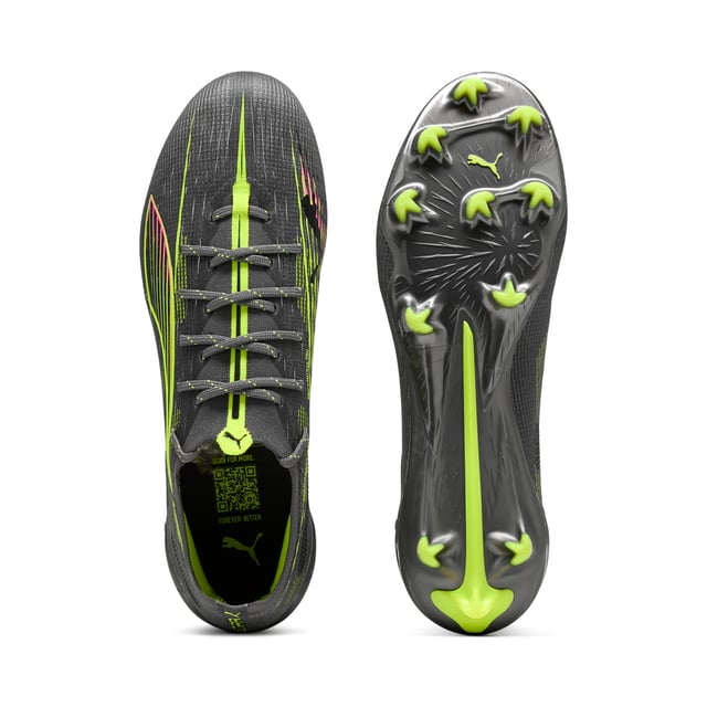 PRODUCT STORY: How fast is the ULTRA 5 ULTIMATE? Fasten your seatbelt, fasten your laces and unleash your speed. PUMA's latest innovation combines the SPEEDSYSTEM outsole and FastTrax studs for explosive acceleration. With GripControl Pro skin and PWRTAPE SQD support, dominate the field with unmatched agility and precision. Play at full throttle. FEATURES & BENEFITS: Made with at least 50% recycled materials; ACCELERATION: PUMA's SPEEDSYSTEM CARBON outsole combines springy carbon-fiber material for rapid propulsion with an innovative stud placement and orientation for faster acceleration.; TRACTION: PUMA's proprietary FastTrax studs are complemented with more rounded studs on lateral side for the most optimal traction on both firm ground and artificial grass.; STABILITY: PWRTAPE support frame stabilizes the foot inside of the boot to enable rapid changes of direction.. DETAILS: Lightweight removable sockliner with NanoGrip and Ortholite cushioning for exceptional fit and comfort; SPEEDSYSTEM outsole and FastTrax stud design deliver maximum acceleration and traction; PWRTAPE SQD support frame provides stability without compromising agility; Regular to narrow fit; FG: Suitable for use on firm natural surfaces.