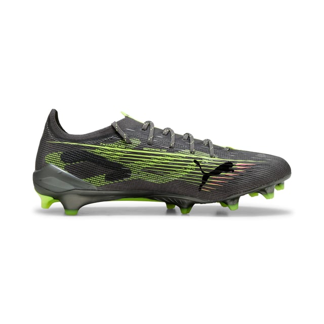 PRODUCT STORY: How fast is the ULTRA 5 ULTIMATE? Fasten your seatbelt, fasten your laces and unleash your speed. PUMA's latest innovation combines the SPEEDSYSTEM outsole and FastTrax studs for explosive acceleration. With GripControl Pro skin and PWRTAPE SQD support, dominate the field with unmatched agility and precision. Play at full throttle. FEATURES & BENEFITS: Made with at least 50% recycled materials; ACCELERATION: PUMA's SPEEDSYSTEM CARBON outsole combines springy carbon-fiber material for rapid propulsion with an innovative stud placement and orientation for faster acceleration.; TRACTION: PUMA's proprietary FastTrax studs are complemented with more rounded studs on lateral side for the most optimal traction on both firm ground and artificial grass.; STABILITY: PWRTAPE support frame stabilizes the foot inside of the boot to enable rapid changes of direction.. DETAILS: Lightweight removable sockliner with NanoGrip and Ortholite cushioning for exceptional fit and comfort; SPEEDSYSTEM outsole and FastTrax stud design deliver maximum acceleration and traction; PWRTAPE SQD support frame provides stability without compromising agility; Regular to narrow fit; FG: Suitable for use on firm natural surfaces.