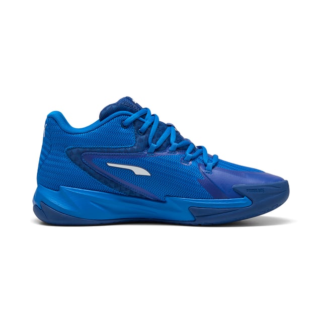 PRODUCT STORY: Stand out with fast, progressive design. Our latest innovation features a PROFOAM midsole for lightweight rebound, PUMA BITE outsole for traction, and dynamic lacing for a secure fit. Perfect for dominating outdoor courts with confidence and style. Get ready to win. FEATURES & BENEFITS: The upper of the shoes is made with at least 20% recycled materials; PUMA BITE: Durable outsole pattern that offers superior traction on the court; PROFOAM: Lightweight EVA designed to cushion your landing and propel your next step. DETAILS: Regular width; Dynamic lacing system with anchor points on the vamp and through the forefoot, for a more secure, sure-footed feel; External rubber wrap-up for lateral stability; PUMA Hoops Jaws branding; PUMA branding details.