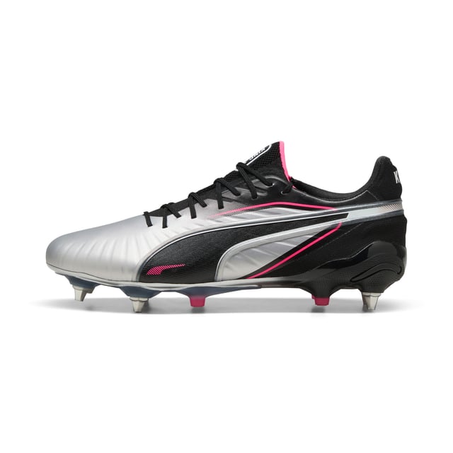 PRODUCT STORY: The rightful heir is here: glory to the new KING. Featuring a K-BETTERâ„¢ upper, GRIPCONTROL 3D structure, and NanoGrip technology, these boots offer unparalleled ball control and stability. Lightweight, with a sleek design, they're built for those who rule the pitch. Let everyone know: there's a new KING in town. FEATURES & BENEFITS: Made with at least 20% recycled materials; K-BETTER: Better without leather. Non-animal-based K-BETTERâ„¢ upper material for a new and improved take on the signature KING touch, comfort, and durability.; ORTHOLITEÂ®: memory foam padding in the heel for improved comfort; GRIPCONTROL 3D: rib structure on the medial side enhances ball control. DETAILS: Lightweight outsole with external heel counter, integrated stability spine, and conical metal screw-in studs for maximum maneuverability; Knitted low-cut slip-on construction ensures a comfortable fit; Lightweight removable sockliner with NanoGrip technology keeps the foot from slipping inside the boot; Regular fit; MxSG: Mixed/Soft Ground outsole.