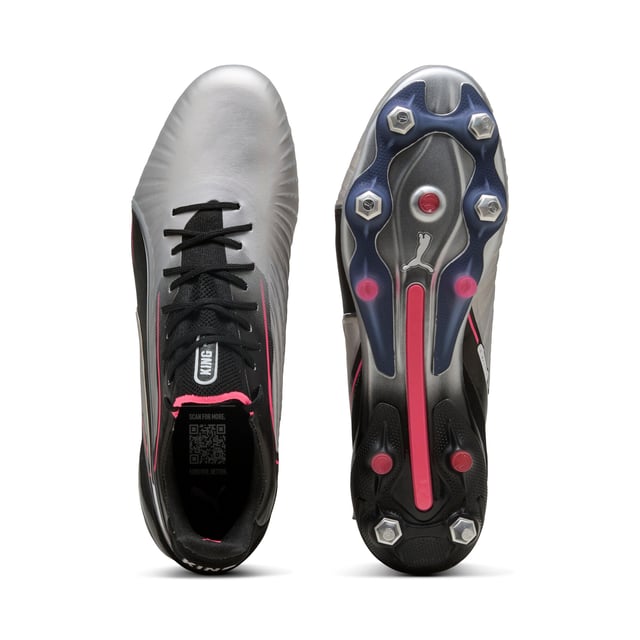 PRODUCT STORY: The rightful heir is here: glory to the new KING. Featuring a K-BETTERâ„¢ upper, GRIPCONTROL 3D structure, and NanoGrip technology, these boots offer unparalleled ball control and stability. Lightweight, with a sleek design, they're built for those who rule the pitch. Let everyone know: there's a new KING in town. FEATURES & BENEFITS: Made with at least 20% recycled materials; K-BETTER: Better without leather. Non-animal-based K-BETTERâ„¢ upper material for a new and improved take on the signature KING touch, comfort, and durability.; ORTHOLITEÂ®: memory foam padding in the heel for improved comfort; GRIPCONTROL 3D: rib structure on the medial side enhances ball control. DETAILS: Lightweight outsole with external heel counter, integrated stability spine, and conical metal screw-in studs for maximum maneuverability; Knitted low-cut slip-on construction ensures a comfortable fit; Lightweight removable sockliner with NanoGrip technology keeps the foot from slipping inside the boot; Regular fit; MxSG: Mixed/Soft Ground outsole.