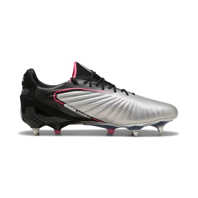 PRODUCT STORY: The rightful heir is here: glory to the new KING. Featuring a K-BETTERâ„¢ upper, GRIPCONTROL 3D structure, and NanoGrip technology, these boots offer unparalleled ball control and stability. Lightweight, with a sleek design, they're built for those who rule the pitch. Let everyone know: there's a new KING in town. FEATURES & BENEFITS: Made with at least 20% recycled materials; K-BETTER: Better without leather. Non-animal-based K-BETTERâ„¢ upper material for a new and improved take on the signature KING touch, comfort, and durability.; ORTHOLITEÂ®: memory foam padding in the heel for improved comfort; GRIPCONTROL 3D: rib structure on the medial side enhances ball control. DETAILS: Lightweight outsole with external heel counter, integrated stability spine, and conical metal screw-in studs for maximum maneuverability; Knitted low-cut slip-on construction ensures a comfortable fit; Lightweight removable sockliner with NanoGrip technology keeps the foot from slipping inside the boot; Regular fit; MxSG: Mixed/Soft Ground outsole.