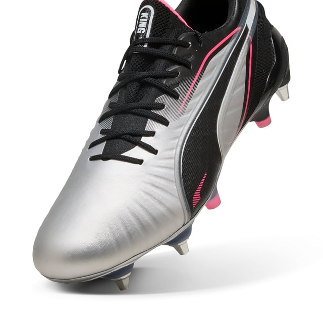 PRODUCT STORY: The rightful heir is here: glory to the new KING. Featuring a K-BETTERâ„¢ upper, GRIPCONTROL 3D structure, and NanoGrip technology, these boots offer unparalleled ball control and stability. Lightweight, with a sleek design, they're built for those who rule the pitch. Let everyone know: there's a new KING in town. FEATURES & BENEFITS: Made with at least 20% recycled materials; K-BETTER: Better without leather. Non-animal-based K-BETTERâ„¢ upper material for a new and improved take on the signature KING touch, comfort, and durability.; ORTHOLITEÂ®: memory foam padding in the heel for improved comfort; GRIPCONTROL 3D: rib structure on the medial side enhances ball control. DETAILS: Lightweight outsole with external heel counter, integrated stability spine, and conical metal screw-in studs for maximum maneuverability; Knitted low-cut slip-on construction ensures a comfortable fit; Lightweight removable sockliner with NanoGrip technology keeps the foot from slipping inside the boot; Regular fit; MxSG: Mixed/Soft Ground outsole.
